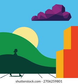 Una vibrante escena geométrica de Arte vectorial con un paisaje estilizado con un sol, una nube y edificios, representados en colores planos.
