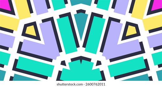 A vibrant geometric vector background featuring colorful abstract shapes in a symmetrical layout with bold lines and sharp angles.