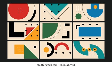 Vibrant geometric vector backgrounds with circles, dots, and lines inspired by Bauhaus and Memphis styles perfect for posters, web design, banners, presentations, covers, and creative projects.