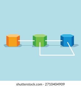 Vibrant geometric vector illustration featuring orange, green, and blue hexagonal blocks for a modern data network concept. Isolated on white background.