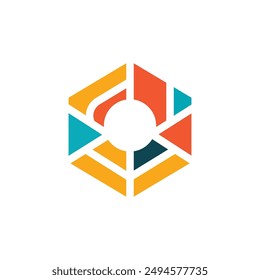 A vibrant geometric vector logo featuring a hexagon with colorful abstract shapes in orange, teal, yellow, and dark blue. Ideal for modern branding, tech companies, or creative agencies.