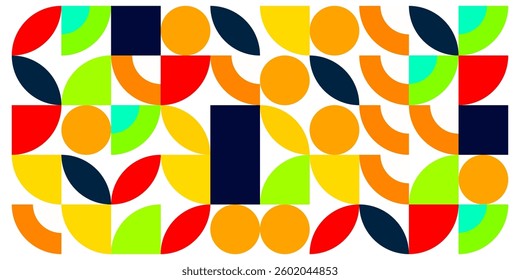 vibrant geometric vector pattern with circles, semicircles, and squares in bold colors like red, yellow, green, blue, and orange, creating a modern and abstract design.