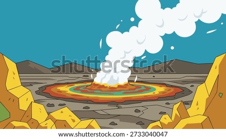 A vibrant geothermal hot spring erupts with a plume of white steam against a clear blue sky, surrounded by colorful mineral deposits and rocky terrain.