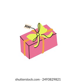 Caja de regalo vibrante con lazo y etiqueta xoxo. Clipart de Vector plano aislado sobre fondo blanco