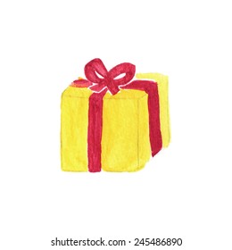 Vibrant gift box. Watercolor object on the white background, aquarelle. Vector illustration. Hand-drawn decorative element useful for invitations, scrapbooking, design. Birthday party