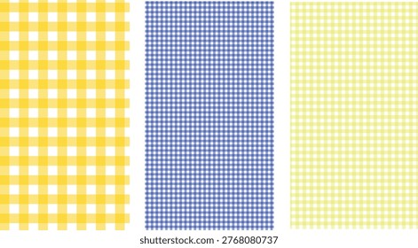 Vibrant gingham patterns in yellow, blue, and light green colors arranged together, showcasing detailed textures and checks, ideal for design and fabric concepts