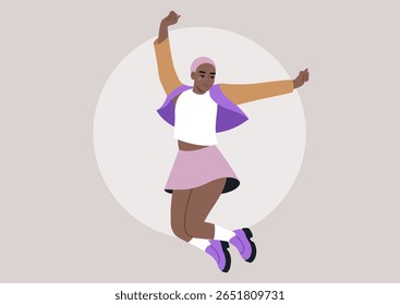 Uma menina vibrante com cabelo curto salta animadamente, mostrando seu espírito brincalhão, Vestida com uma roupa chique e colorida, ela encarna a alegria contra um fundo macio, criando uma atmosfera animada