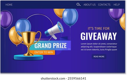 A vibrant giveaway banner featuring a golden trophy, a megaphone, and colorful balloons. The text highlights 'Grand Prize' and 'It's Time for Giveaway' with a call to action to enter.