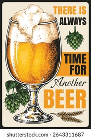 A vibrant glass of beer with foamy top rests on a textured background. Surrounding hops and grains enhance the brewing highlights. Perfect for any beer enthusiast.