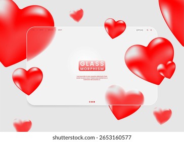 Vibrant glassmorphism design with bold red heart elements, creating a romantic and modern look. Ideal for love-themed UI, web, or social media content.