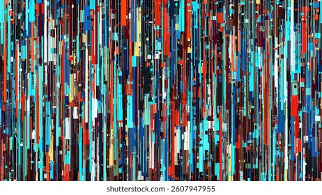 Vibrant glitch art with digital circuit inspiration. Colorful vertical glitch stripes forming a digital jungle. Electric techno chaos in vertical lines. Futuristic maze of circuitry and distortion