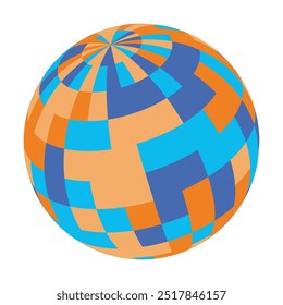 A vibrant globe featuring a mosaic of blue, orange, and yellow patterns. This modern design emphasizes a dynamic and colorful representation of the Earth.