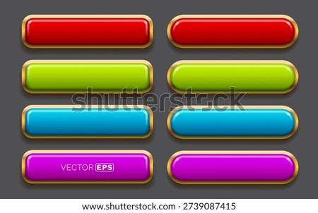 Vibrant glossy buttons with golden frames. A colorful set of blank user interface elements for game or web design. Vector illustration