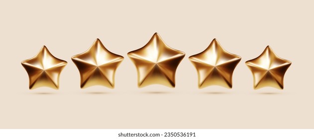 Vibrant Glossy Golden Stars: Game Achievements and Customer Ratings Feedback Concept for Website or Mobile App. Realistic 3D Stars. Best Rating, Best Choice. 5 Stars Rating Vector Illustration