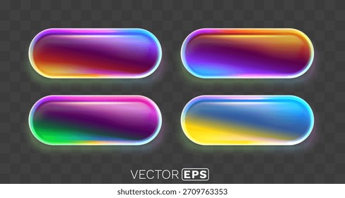 Botones brillantes vibrantes del gradiente. Elementos de interfaz de usuario modernos con un efecto de neón brillante sobre un fondo transparente. Ilustración vectorial.