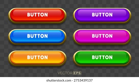 Vibrant glossy web buttons with golden border. Modern UI elements for design. Vector illustration.