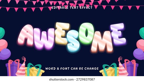 Vibrant Glowing Awesome Text Effect with Festive Party Decorations - Editable Graphic Template for Celebrations and Special Occasions