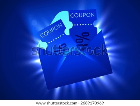 Vibrant Glowing Blue Envelope with Discount Coupons. Perfect for Digital Offers and Promotions. Vector illustration.