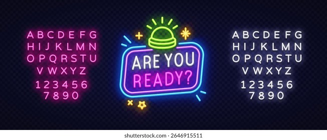 Vibrante brilhante buzzer e estrelas decorar o sinal ARE YOU READY. em letras de néon colorido empilhado. Ideal para apresentações de contagem regressiva ou cenas interativas