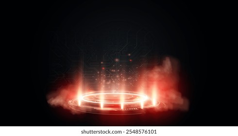 Uma vibrante interface circular brilhante com faíscas de fogo e fumaça, situado contra um fundo tecnológico escuro com padrões de circuito. Plataforma vermelha portal futurista brilhante com circuitos digitais.