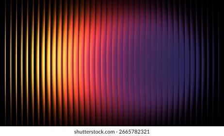 Vibrant glowing gradient lines passing through vertical textured ribbed glass. Dynamic and colorful visual pattern perfect for modern design, technology backgrounds, or creative advertising projects