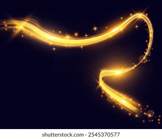 Un rastro de luz vibrante y brillante o una raya en un tono amarillo dorado con reflejos brillantes sobre un fondo oscuro. Este diseño abstracto y mágico tiene un flujo suave y curvo.