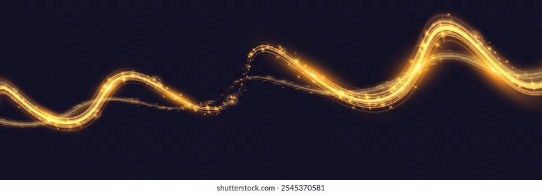 A vibrant, glowing light trail or streak in a golden yellow hue with sparkling highlights on a dark background. This abstract, magical design has a smooth, curved flow.