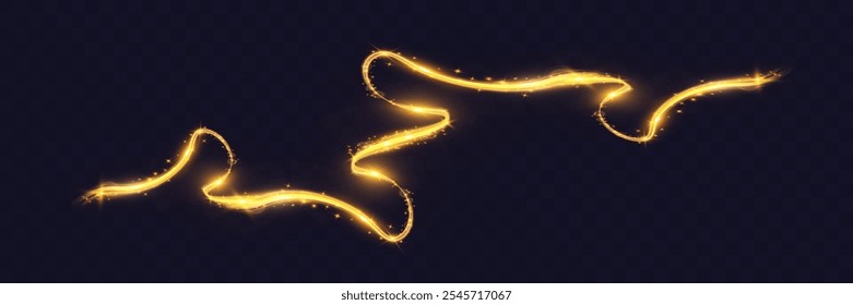 A vibrant, glowing light trail or streak in a golden yellow hue with sparkling highlights on a dark background. This abstract, magical design has a smooth, curved flow with bright shimmering .