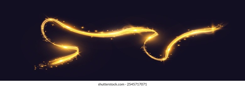 A vibrant, glowing light trail or streak in a golden yellow hue with sparkling highlights on a dark background. This abstract, magical design has a smooth, curved flow with bright shimmering .