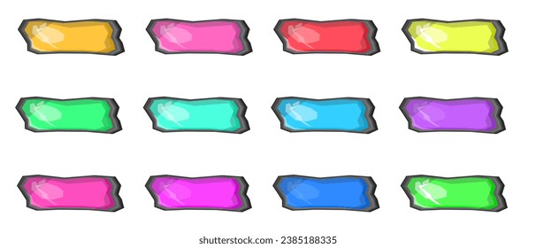 Botones de neón vibrantes y brillantes para sitio web o aplicación, ilustración vectorial plana aislada en fondo blanco. Banners o marcos para juegos, aplicaciones y otros proyectos digitales.