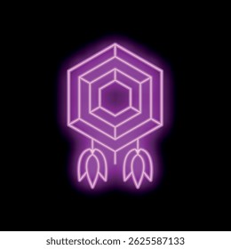 Vibrant, glowing neon purple dreamcatcher with intricate geometric patterns and delicate feathers, set against a black background