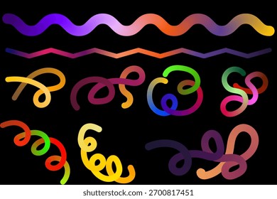 Linhas onduladas e enroladas vibrantes e brilhantes de cor neon em um fundo preto, criando um padrão artístico abstrato psicodélico e energético.