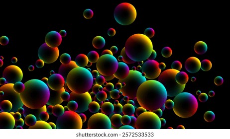 Vibrant glowing spheres or bubbles with smooth rainbow gradients floating on dark background. Vivid neon dynamic and futuristic luminous digital balls particles flow composition. Vector illustration