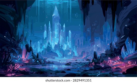 Vibrant Glowing Underwater Crystal Cave City Fantasy Landscape