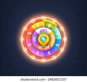 Vibrant, Glowing Wheel Of Fortune Game With Various Prize Options Including Cash, Bonuses, And Gifts