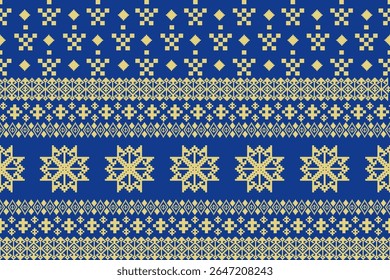Vibrant Gold and Blue Pixel Art Ethnic Pattern with Festive Star and Geometric Motifs. Traditional Folk Art Digital Textile Design.