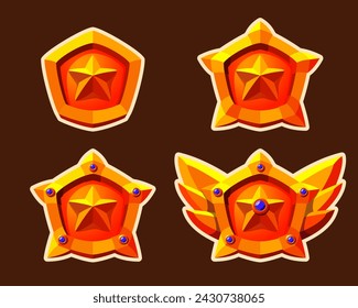 Juego de insignias de rango realista de oro vibrante. Estrellas, piedras preciosas y alas. Fácil edición.