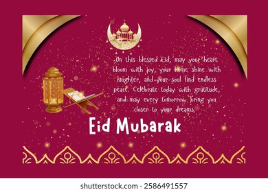 A vibrant, gold-accented Eid Mubarak greeting card featuring an ornate lantern, Islamic motifs, and a festive atmosphere. Perfect for celebrating Eid with joy, gratitude, and best wishes.