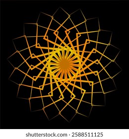 A vibrant, golden geometric sunburst pattern radiates outward from a central point on a deep black backdrop.