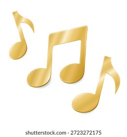 Lebendige goldene Noten Komposition. Elegante glänzende metallische Symbole für Premium-Audio-Branding, Luxus-Auszeichnungen, Musikfestivals und professionelles Design einzeln auf weißem Hintergrund. EPS 10
