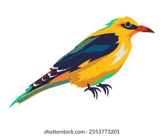 Vibrant golden oriole bird. Beautiful, bright, exotic Yellow bird in subtropical climates. Picturesque colorful bird is sitting. Vector illustrations isolated on white background. Cartoon.