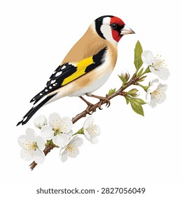 Vibrant goldfinch bird resting on a blooming cherry blossom twig