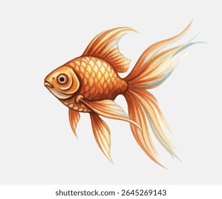Ilustração vibrante de peixe-dourado com tons alaranjados-amarelos ricos e barbatanas fluidas elegantes ideais para desenhos aquáticos artísticos, decoração ou visuais com tema de animais de estimação que cativam com charme e cor.