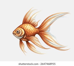 Ilustração vibrante de peixe-dourado com tons alaranjados-amarelos ricos e barbatanas fluidas elegantes ideais para desenhos aquáticos artísticos, decoração ou visuais com tema de animais de estimação que cativam com charme e cor.