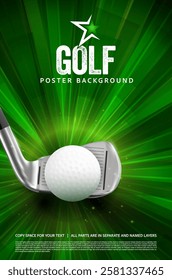 Vibrant golf poster background featuring detailed ball and metal club designed with burst effects and stylish star accent for strong visual impact. Vector illustration.