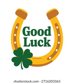 A vibrant good luck horseshoe vector illustration featuring a lucky fourleaf clover and a hopeful greeting