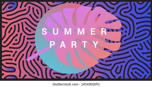 Vibrant gradient abstract poster: palm leaf on organic pattern background. Summer poster for beach party, season sale, music club event. Synthwave/ vaporwave/ retrowave aesthetics of 80s-90s.