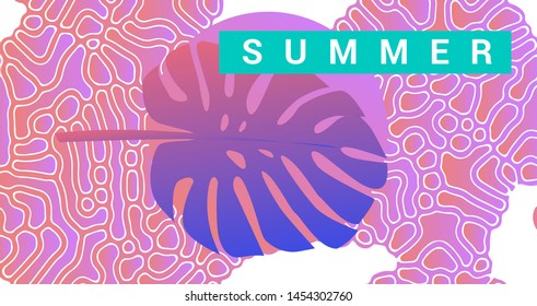 Vibrant gradient abstract poster: palm leaf on organic pattern background. Summer poster for beach party, season sale, music club event. Synthwave/ vaporwave/ retrowave aesthetics of 80s-90s.