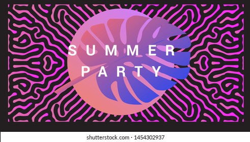 Vibrant gradient abstract poster: palm leaf on organic pattern background. Summer poster for beach party, season sale, music club event. Synthwave/ vaporwave/ retrowave aesthetics of 80s-90s.