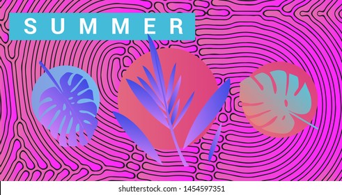 Vibrant gradient abstract poster: palm leaf on organic pattern background. Summer poster for beach party, season sale, music club event. Synthwave/ vaporwave/ retrowave aesthetics of 80s-90s.